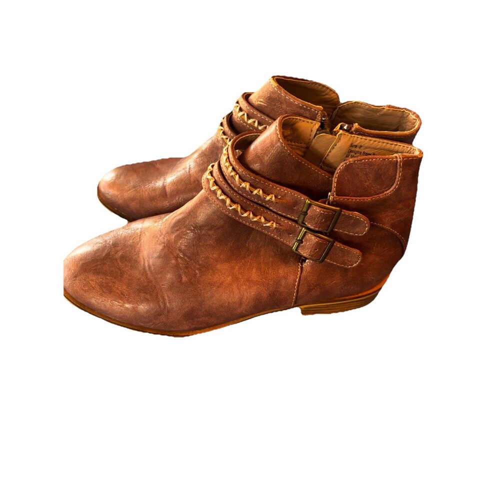 Beast Fashion Brown Vegan Leather Ankle Boots Double Buckle Zip Womens Size 8